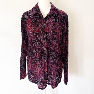 Vintage Y2K Velvet Burnout Button Down Top Glitter Small Whimsigoth Fairy Grunge